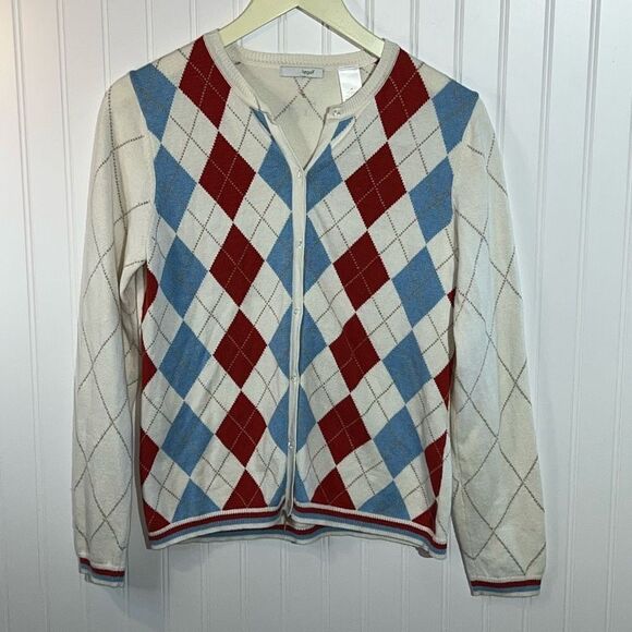 Liz Golf Button Down Sweater Women Medium White Blue Rust Argyle CottageCore - Picture 1 of 14